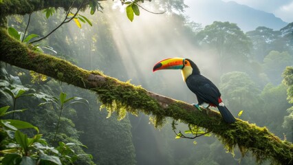 Obraz premium A Vibrant Toucan Perched on a Moss Covered Branch in a Sunlit Forest