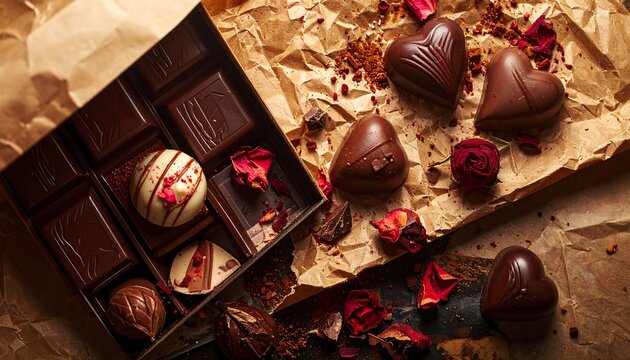 Assortment of gourmet chocolates and rose petals on rustic brown paper in a partially open gift box