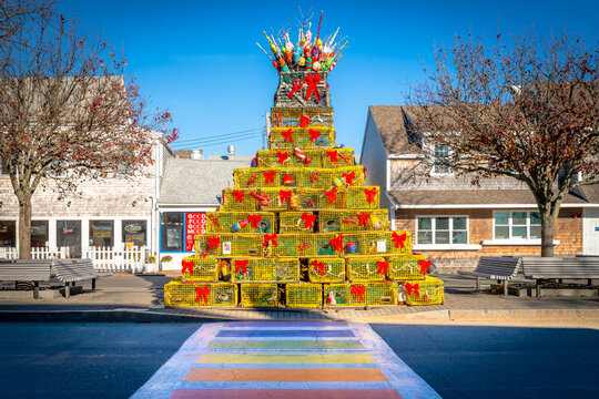 A lobster trap Christmas tree in a New England coastal town