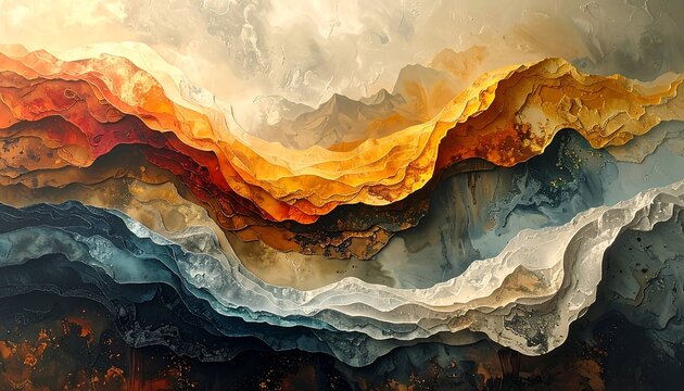 An abstract layered landscape depicting mountainous forms with a textured, painterly style. Warm, earthy hues blend with cool blues