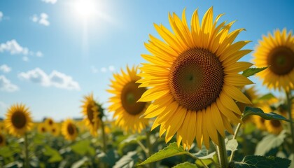 A field of sunflowers basking in warm sunlight on a clear day outdoors