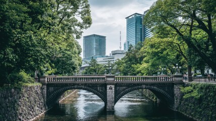 Fototapeta premium Urban Oasis: Serene River View with Stone Bridge and Modern City Skyline Backdrop