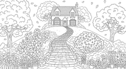 Naklejka premium Cozy Cottage Pathway to Home, Autumn Leaves Falling, Inviting Garden Scene for Lifestyle, Real Estate, and Seasonal Marketing