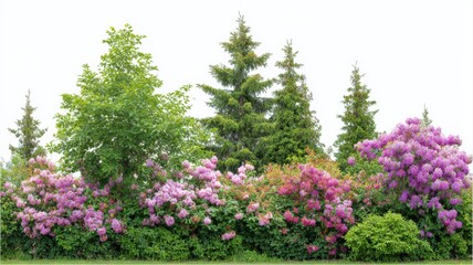Obraz premium Vibrant garden scenery featuring colorful rhododendrons, green trees, and lush foliage against a white background