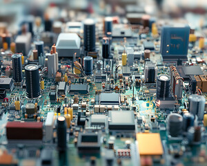 Close-up of a densely populated electronic circuit board with many small components and intricate pathways, showcasing advanced technology