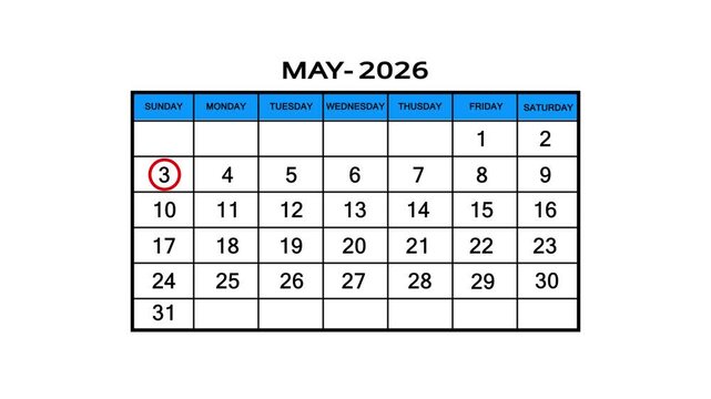 The calendar of May month 3th day is red circled, looped animation. A very important date in the calendar. Signing a day on a calendar. white background.4k