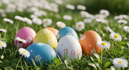 Fototapeta premium Easter sunday celebration with colorful eggs and flowers in a green grass field