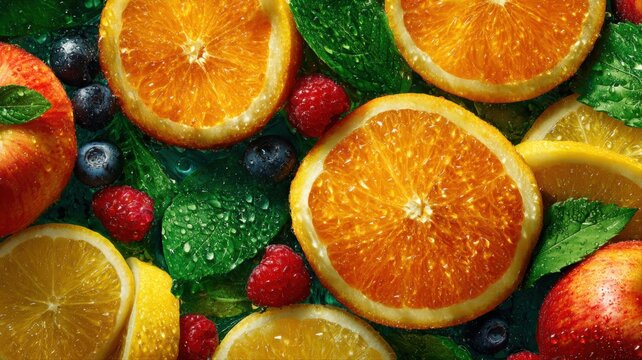 Fresh Fruit Medley: Vibrant Display of Citrus, Berries, and Apples with Green Leaves
