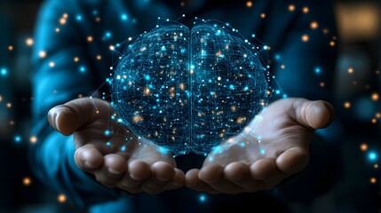 Human hands gently support a luminous, digital depiction of the human brain glowing with connections.