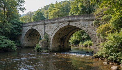 Fototapeta premium Old stone bridge spanning a river with lush greenery on both sides