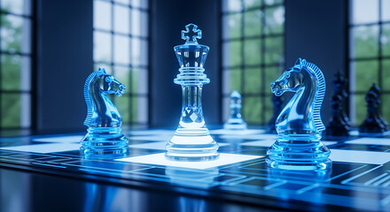 Glass chess pieces on a board with a large window and greenery outside viewed from a slight angle