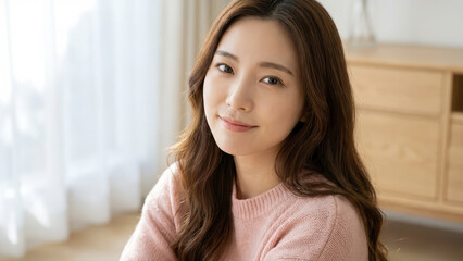 Young woman wearing a cozy pink sweater smiles softly in a bright room highlighting her clear skin and warm portrait