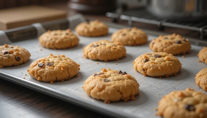 Freshly baked chocolate chip cookies on a baking sheet in the kitchen