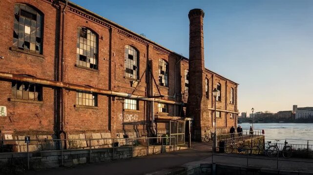 Medium shot of a historic brick rope mill exterior showcasing weathered industrial architecture under a clear sky in a bustling riverfront setting.