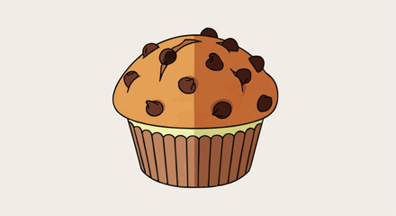Vector illustration of a delicious chocolate chip muffin. Golden-brown top with sweet chocolate pieces in a fluted paper cup. Perfect for bakery, breakfast, or dessert visuals