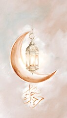 Festive crescent moon glows warmly beside an Islamic lantern peaceful Eid illustration