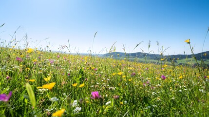 Vibrant summer meadow landscape captures warmth sunlight wildflowers rolling hills serene outdoor beauty
