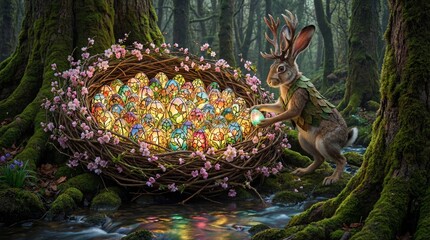 Naklejka premium easter, easter bunny, easter eggs, spring, holiday, celebration, easter sunday, religious holiday, spring flowers, easter decorations, chocolate eggs, easter basket, easter hunt, bright colors, resurr