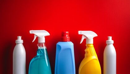 vibrant cleaning product bottles in a row against a bold red background