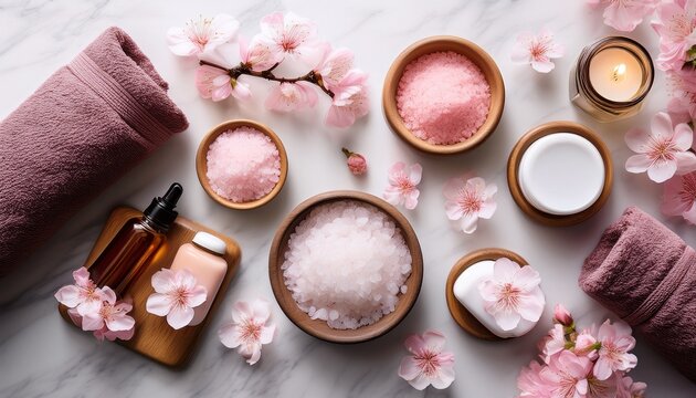 spa and wellness products with cherry blossoms on marble background flat lay of spa essentials including bath salts lotion and soft towels surrounded by cherry blossoms on a marble surface