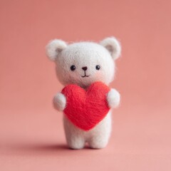 Tiny white wool felt teddy bear holding a red heart, minimalist pastel pink background
