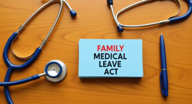 Family Medical Leave Act (FMLA) concept with stethoscope and pen on wooden table for healthcare