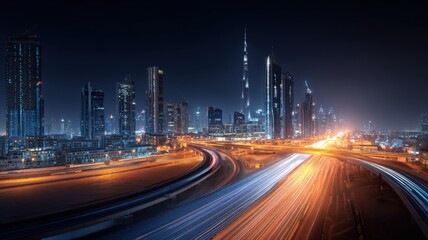 Fototapeta premium Dubai Cityscape at Night: Modern Architecture, Urban Illumination, and Dynamic Traffic Flow with Skyscrapers