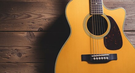 Acoustic Guitar Close-Up on Rustic Wooden Background Displaying Craftsmanship and Musical Instrument Detail