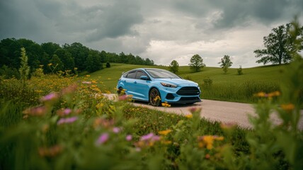 Fototapeta premium Vibrant Blue Hatchback Driving Through Scenic Countryside: Automotive Lifestyle and Adventure Concept