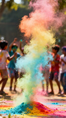 Obraz premium Colorful explosion of powder during Holi festival celebration with playful children in the background