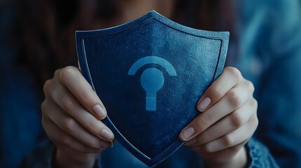 Person holding up dark blue shield featuring a glowing symbol of digital security protection