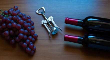 Obraz premium Wine Bottles with Grapes and Corkscrew on Wooden Tabletop, Preparing for a Wine Tasting Event