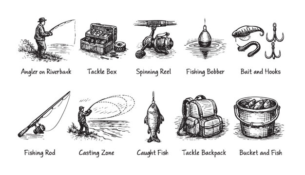 Black and white sketch illustration of fishing gear, including an angler, tackle box, rod, reel, bait, and fish, perfect for outdoor themes.