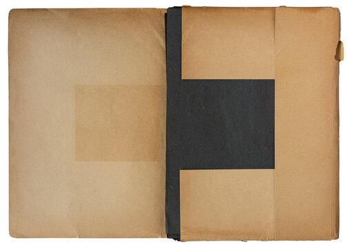 Vintage brown cardboard folder with black papers inside, front view isolated on white