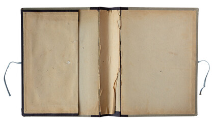 open file folder with aged light brown empty pages, inside pocket and ribbon binding