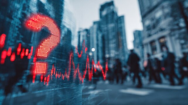 Economic Uncertainty: Red Question Mark Overlayed on a Cityscape Depicting Market Volatility and Financial Concern
