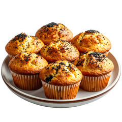 Golden baked muffins with black seeds, served on a white plate isolated on white background