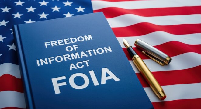 Freedom of Information Act (FOIA) document resting on an American flag with a pen signifying transparency
