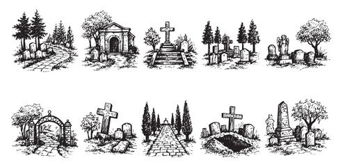 Obraz premium Set of cemetery sketch illustrations, including crosses, grave stones, paths, trees and mausoleums, in a black and white hand-drawn style. Useful for Halloween or gothic themes.