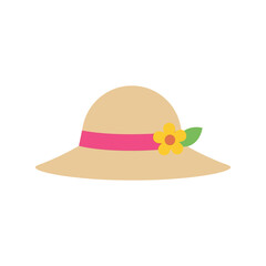 Summer straw hat vector clipart with pink ribbon and flower, flat fashion accessory illustration