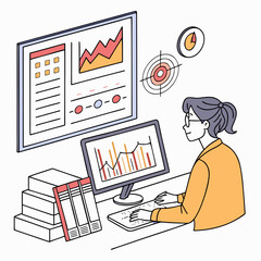 Woman working on computer analyzing business data and financial reports.