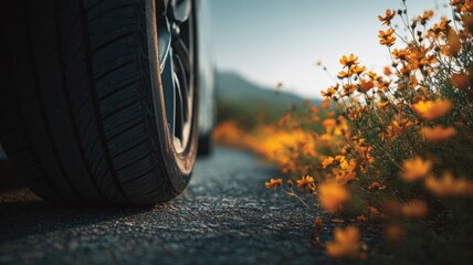 Close-up of car tire on asphalt road, with a field of flowers at sunrise