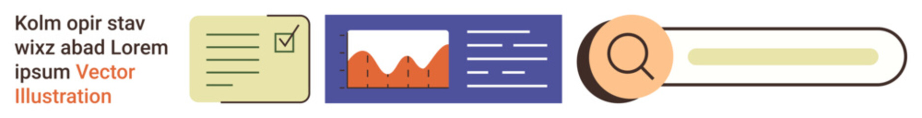 Data management, information search, analytics tools, online research, business strategy, visualization. Checklist, chart search bar and magnifying glass icon. Data management and information © robu_s