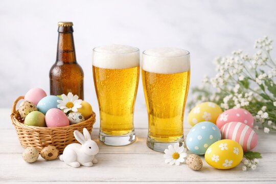 Celebratory Easter scene with beer, colorful eggs, and flowers.