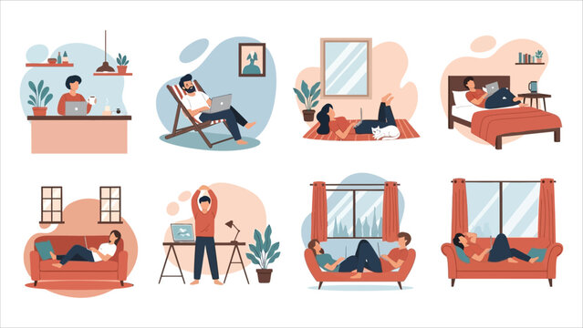  Diverse People Working Remotely From Home Illustration..eps