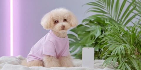 a cute poodle dog wearing a pink shirt, sitting and holding an phone, surrounded by plants setting with neon sign lighting