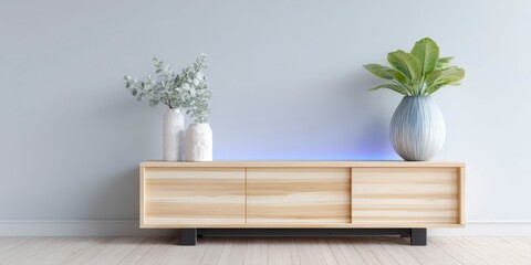 a light wood, modern tv stand with blue led lights on the front and black metal legs, in an empty living room.