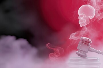 a red and black skull background with smoke, behind which there is a silhouette of a gavel