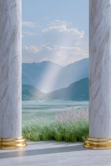 golden pillars leading to the gates of heaven, with a light shining through them and a field in front