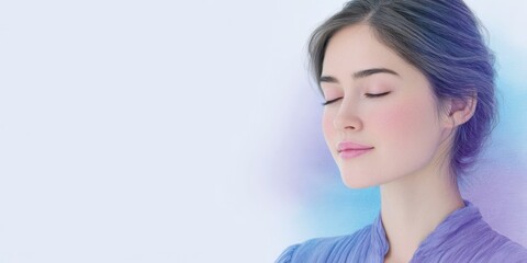 a woman with her eyes closed, praying, a soft pastel drawing. the background is white, with pastel colors in light blue and purple tones.
